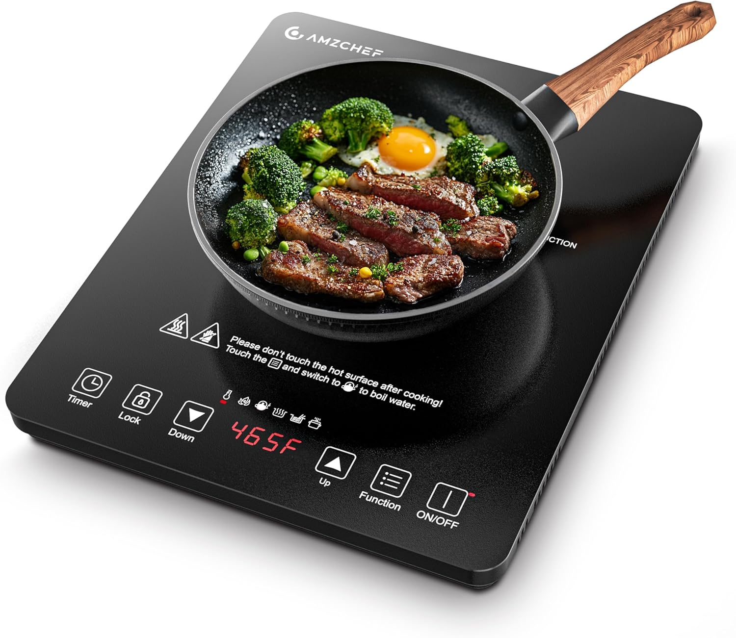 AMZCHEF Portable 1800W Induction Cooktop – 20 Temp & Power Levels, 6.8″ Coil, Timer